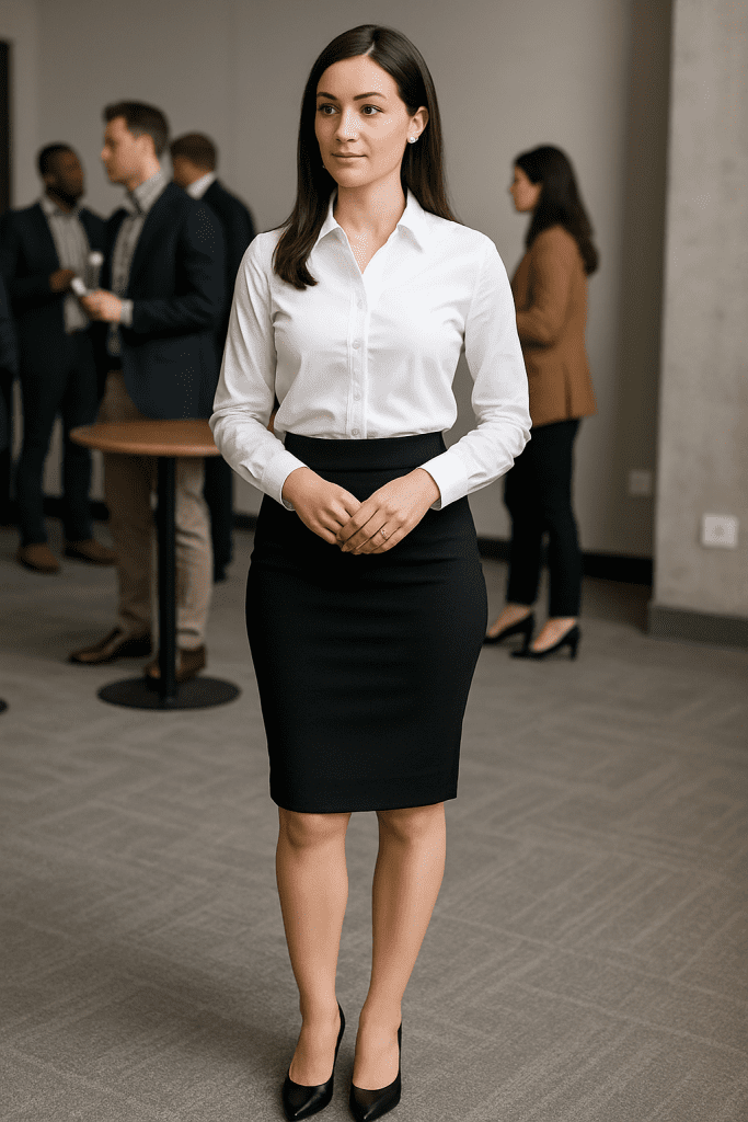 Reunión de networking: Falda lápiz + camisa blanca + tacones cerrados.